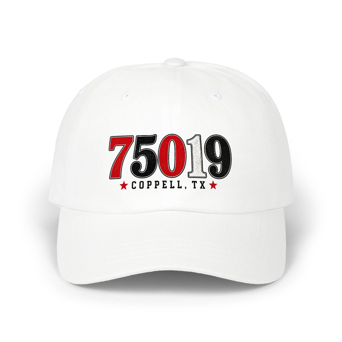 75019 Coppell TX Dad Hat | Varsity Zip Code Cap | Red Black White Baseball Cap | Coppell Texas Gift