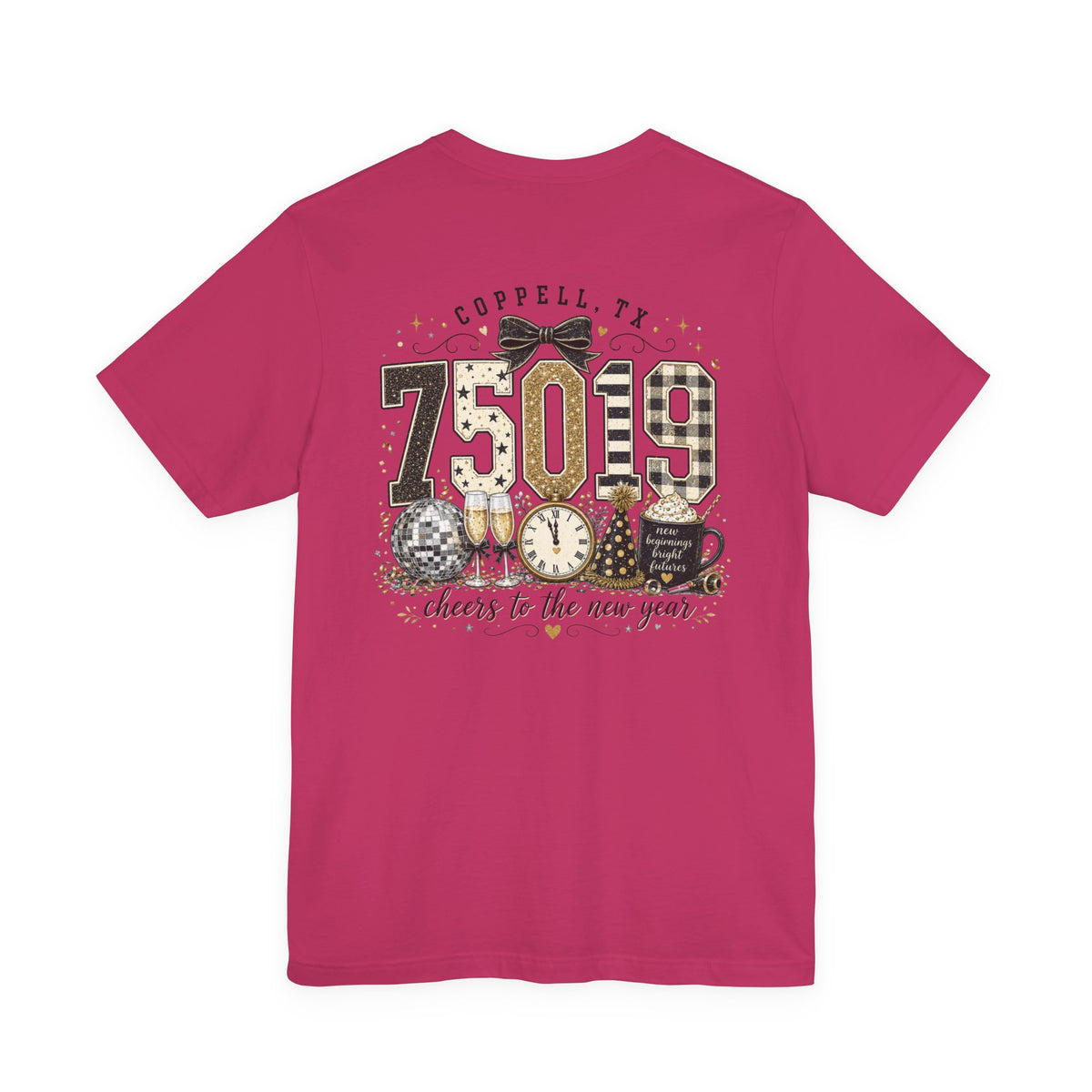 75019 Cheers to the New Year Shirt | Coppell TX New Year's Tee | Zip Code Glitter Shirt | Womens Graphic T-Shirt