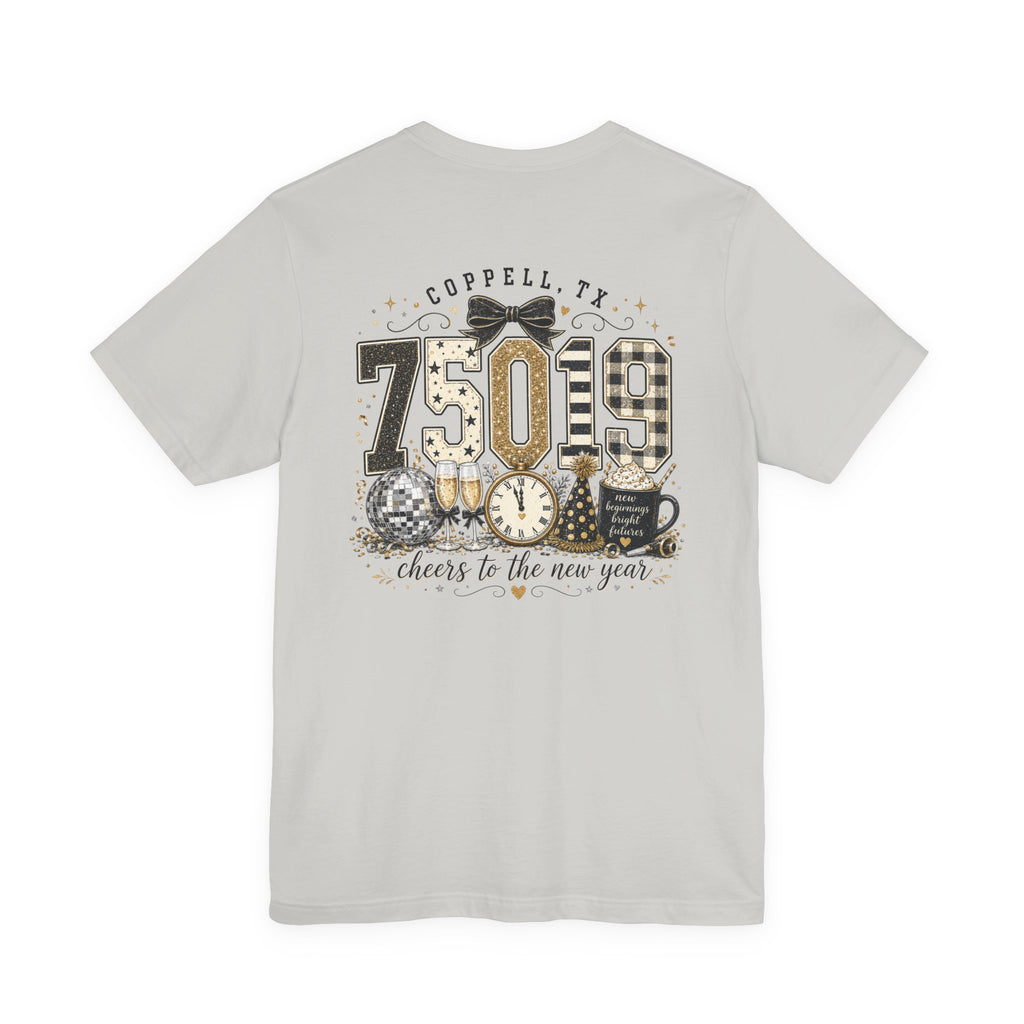 75019 Cheers to the New Year Shirt | Coppell TX New Year's Tee | Zip Code Glitter Shirt | Womens Graphic T-Shirt