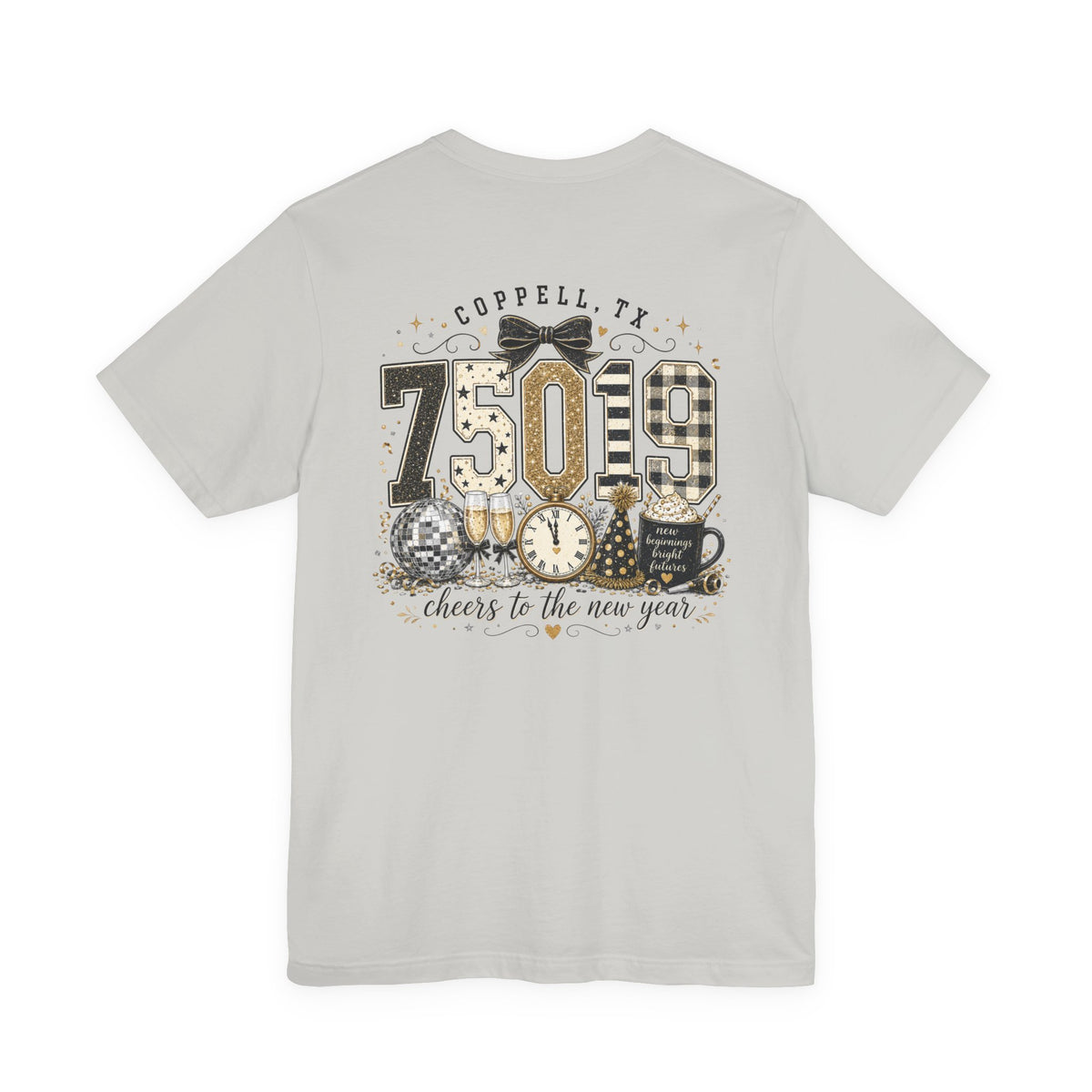 75019 Cheers to the New Year Shirt | Coppell TX New Year's Tee | Zip Code Glitter Shirt | Womens Graphic T-Shirt