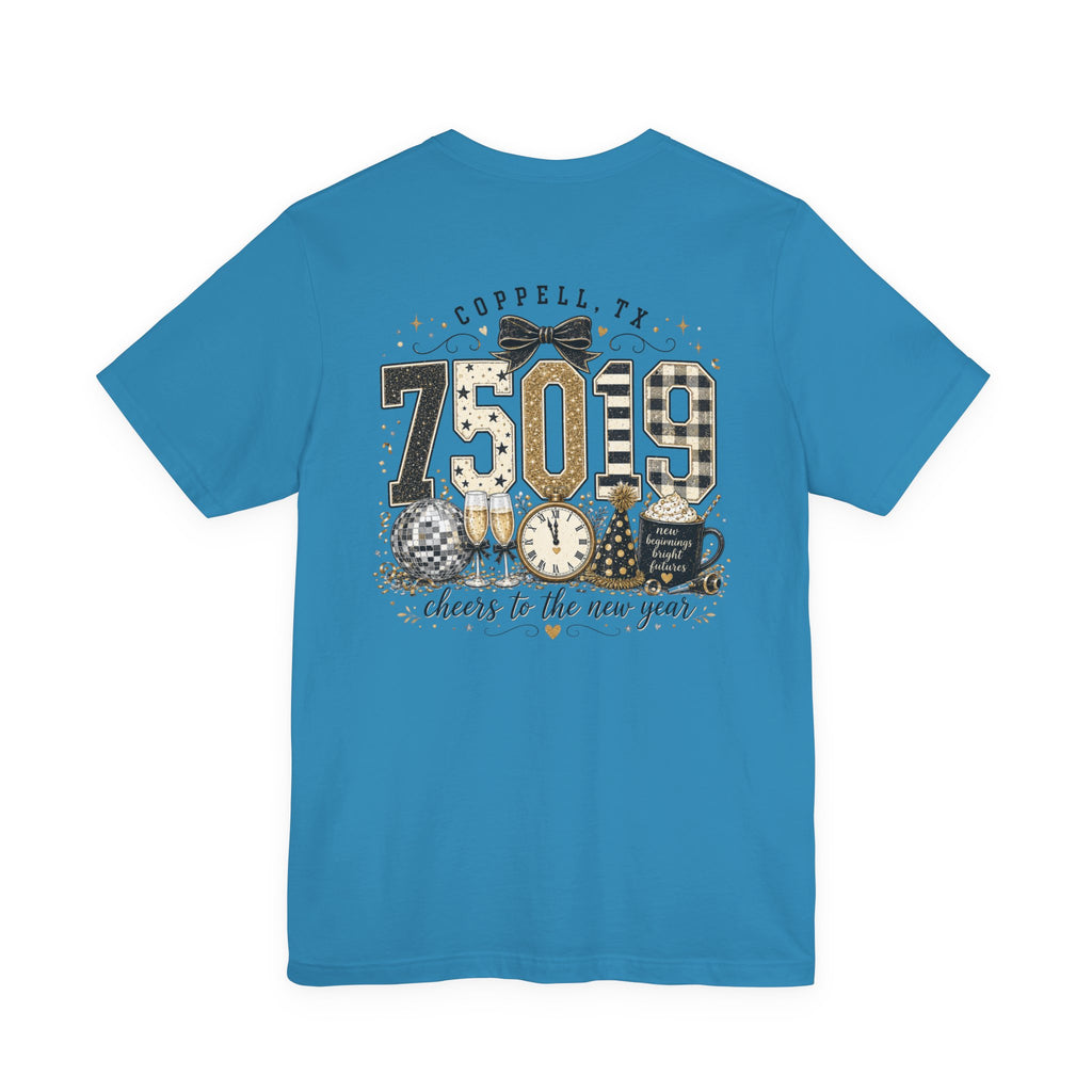 75019 Cheers to the New Year Shirt | Coppell TX New Year's Tee | Zip Code Glitter Shirt | Womens Graphic T-Shirt